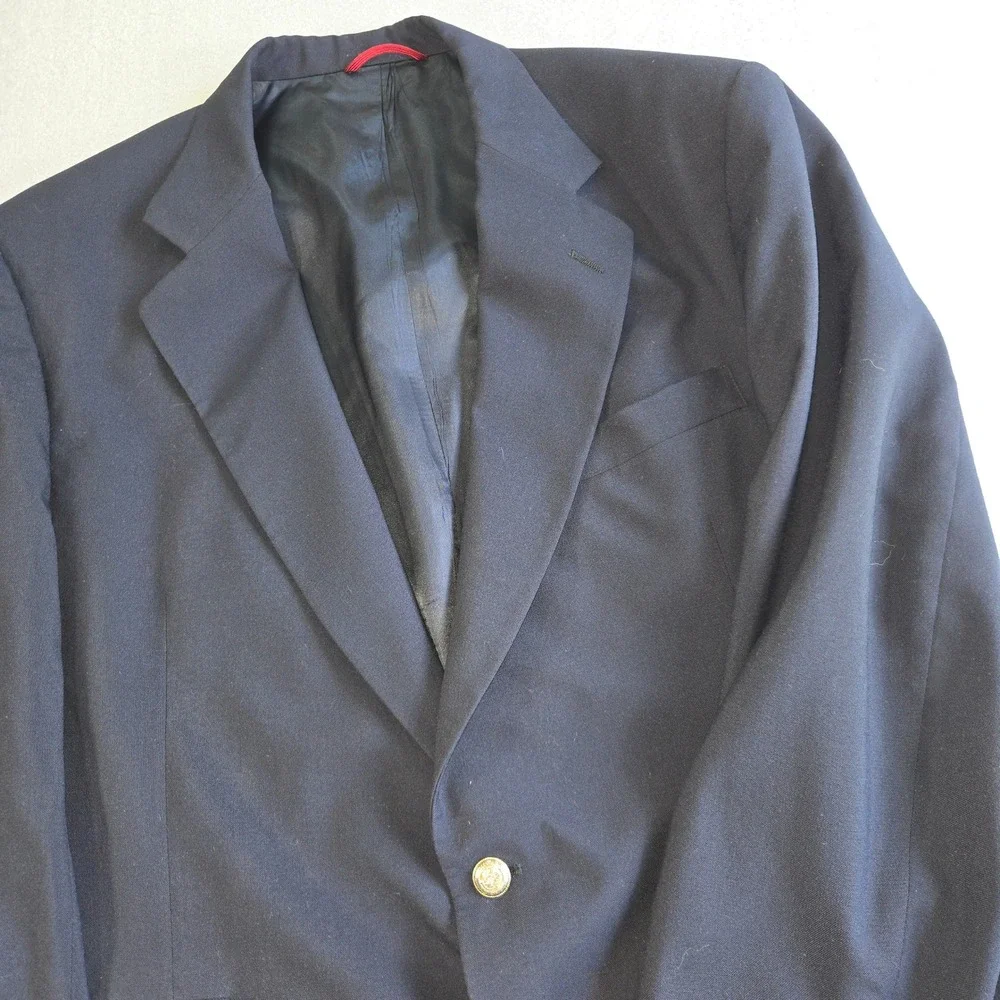Jos. A. Bank Blazer Mens 46R Navy Blue 100% Wool Gold Crest Button Kent Coat